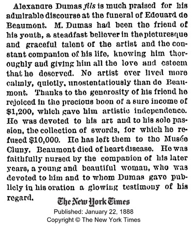 Dumas gives de Beaumont funeral sermon - January 22, 1888