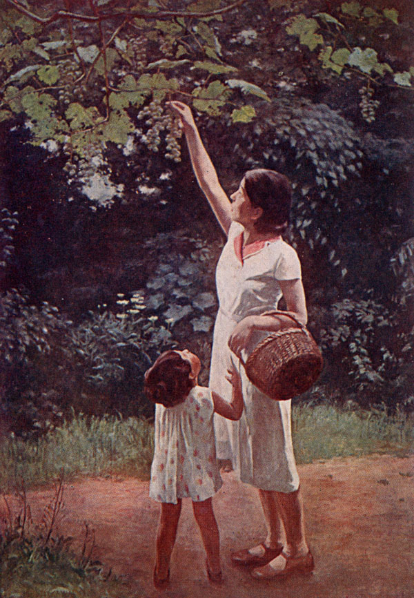 mother and child picking grapes